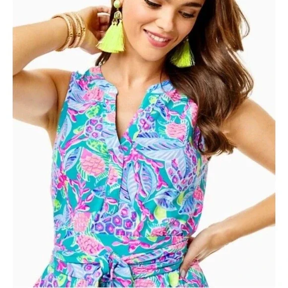 Lilly Pulitzer Sleeveless Cotton Pima Tropical Print Tie Waist Dress Size S - Picture 9 of 9